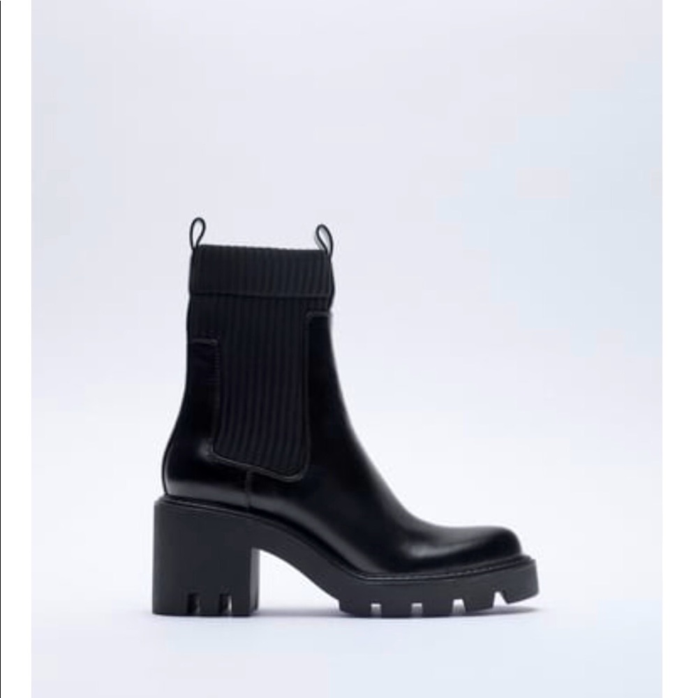 Worn once | Zara | Black | Sock Style | Heeled | Ankle | Boots | Lug Soles | 7